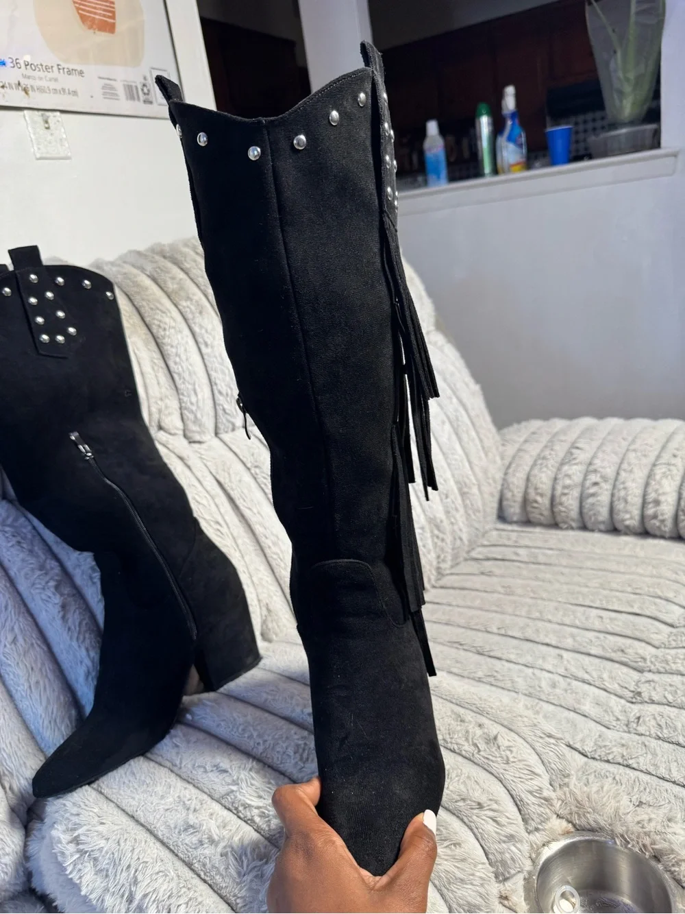 Black Suede Fringe Over-the-Knee Boots with Silver Studs - Women
